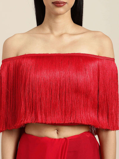 Red Solid Silk Blend Saree - Inddus