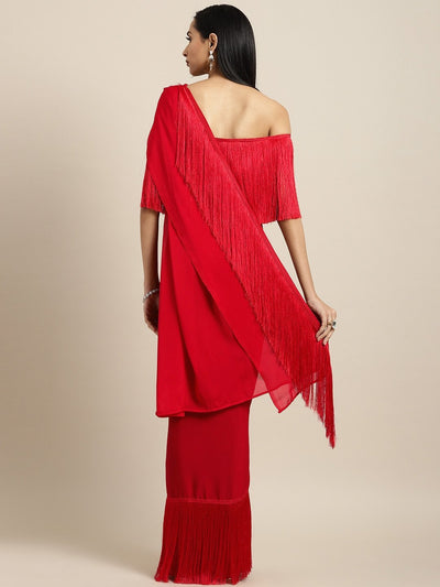 Red Solid Silk Blend Saree - Inddus