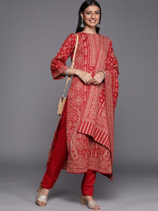 Red Woven Design Pashmina Winter Wear Unstitched Dress Material Inddus.in