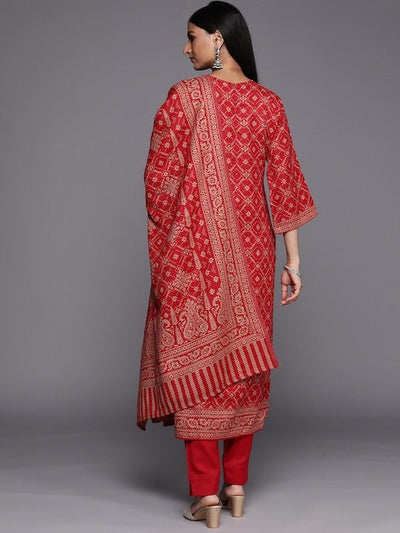 Red Woven Design Pashmina Winter Wear Unstitched Dress Material - Inddus.in