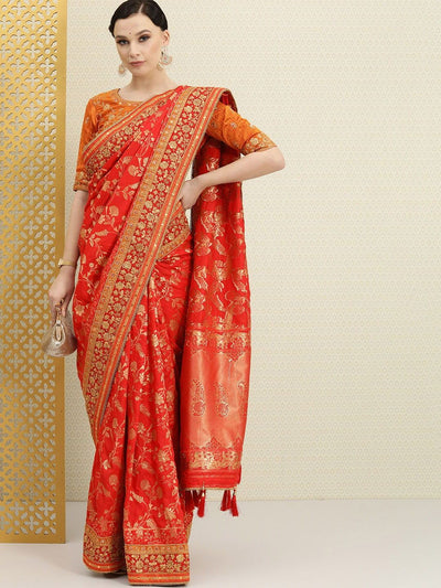 Red Zari Woven Embroidered Embellished Saree - Inddus