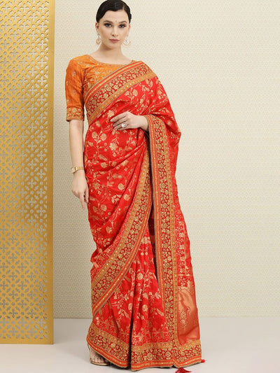 Red Zari Woven Embroidered Embellished Saree - Inddus