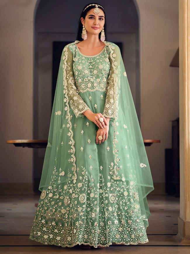 Party Wear Dark Green Color Embroidered Anarkali Salwar Suit In Fancy Fabric