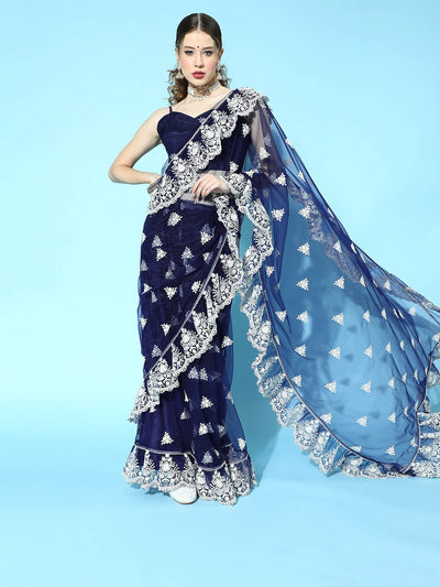 Royale Blue Floral Embroidered Net Ruffle Saree with Blouse Piece - Inddus.in