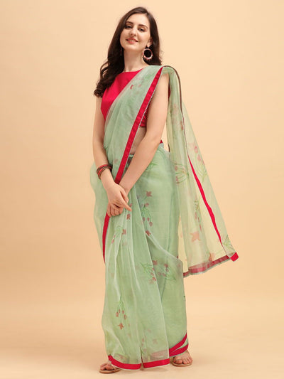 Sage Green Digital Print Organza Saree with Blouse - Inddus