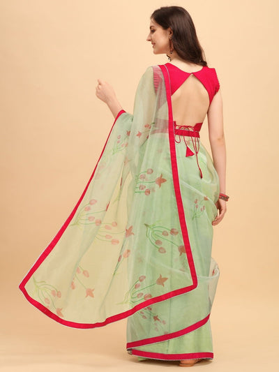 Sage Green Digital Print Organza Saree with Blouse - Inddus