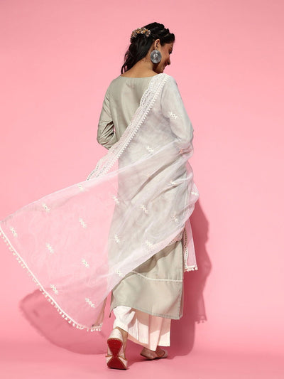 Sage Green Laced Kurta with Palazzo and Embroidered Dupatta - Inddus.in