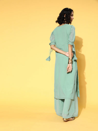 Sea Green Embroidered Panelled Design Sequinned Kurta with Palazzo - Inddus.in