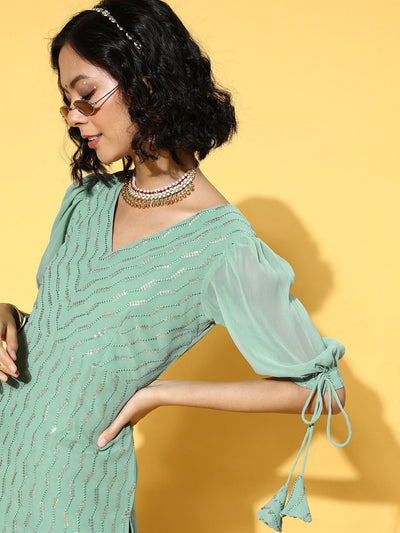 Sea Green Embroidered Panelled Design Sequinned Kurta with Palazzo - Inddus.in