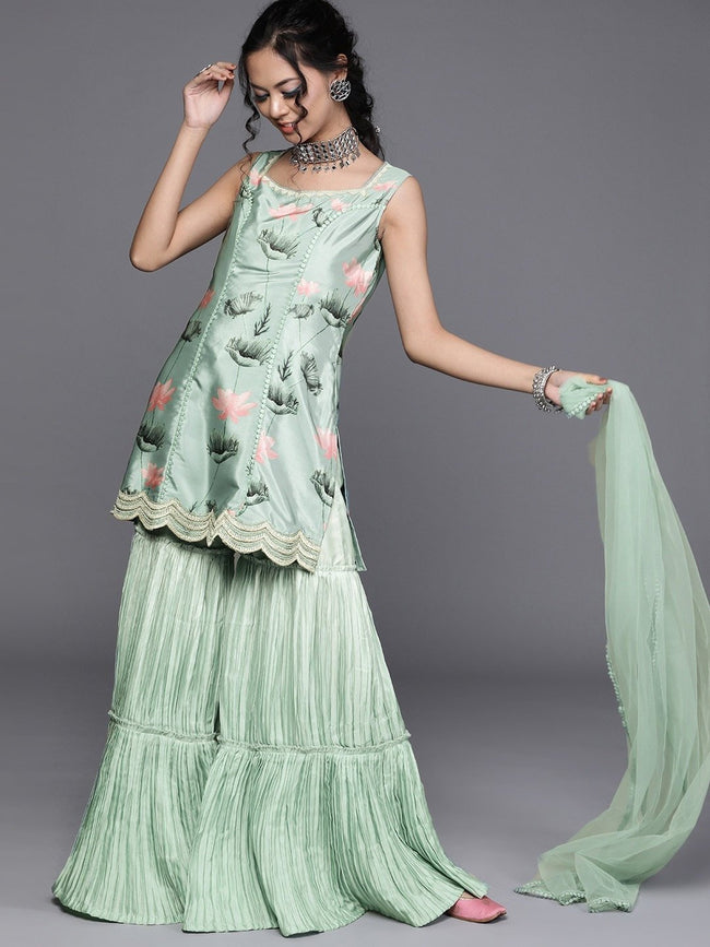 Buy Magnificent Sea Green Silk-Blend Partywear Printed Sharara Suit  -Inddus.in