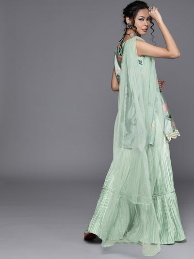 Sea Green Silk-Blend Partywear Printed Sharara Suit - Inddus
