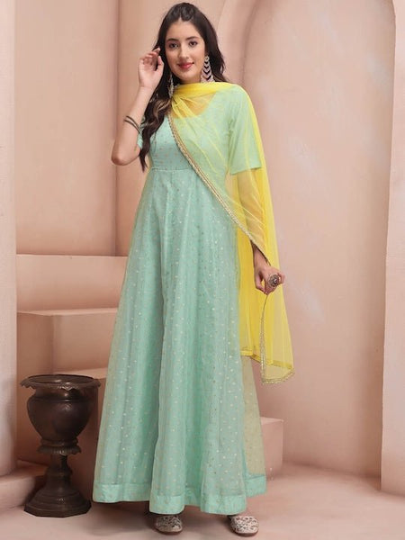 Sea Green & Yellow Colour Woven Design Square Neck Anarkali Kurta With  Inddus.in