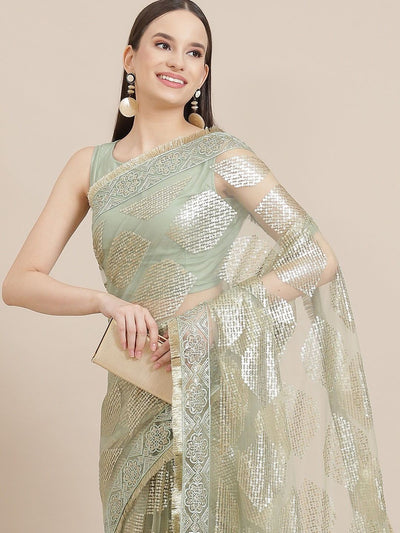 Sequinned Embroidered Net Saree - Inddus