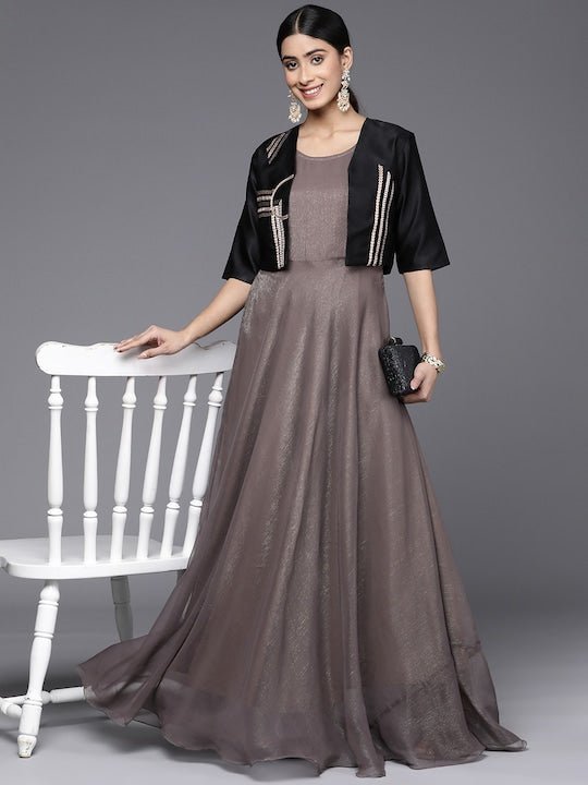 Khwaab Golden Jacket Style Sleeveless Evening Gown - Khwaab - 2740981