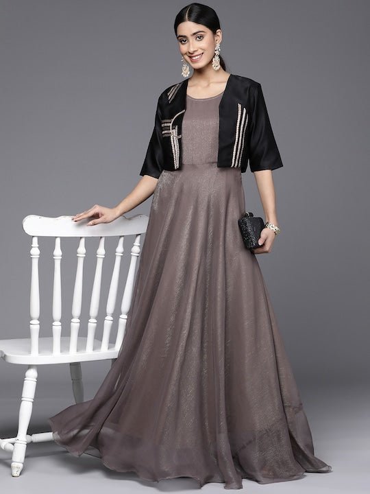 Grey and Wonderful - Long Dress with Embroidered Short Jacket - Ishnya