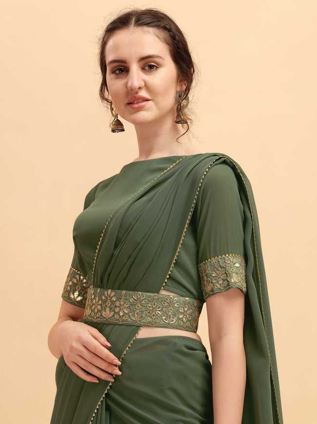 Buy Incredible Sage Green Solid Saree with Embellished Belt Online