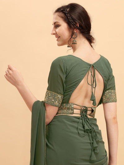 Solid Saree with Embellished Belt - Inddus
