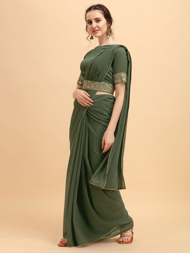 Buy Incredible Sage Green Solid Saree with Embellished Belt Online