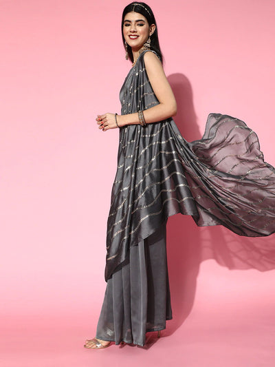 Steel Grey Palazzo Saree with Blouse Piece - Inddus.in