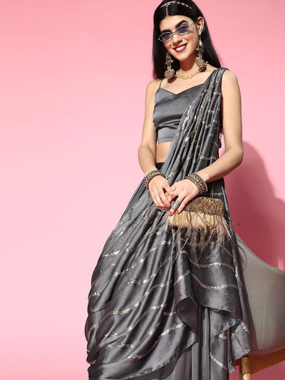 Steel Grey Palazzo Saree with Blouse Piece - Inddus.in
