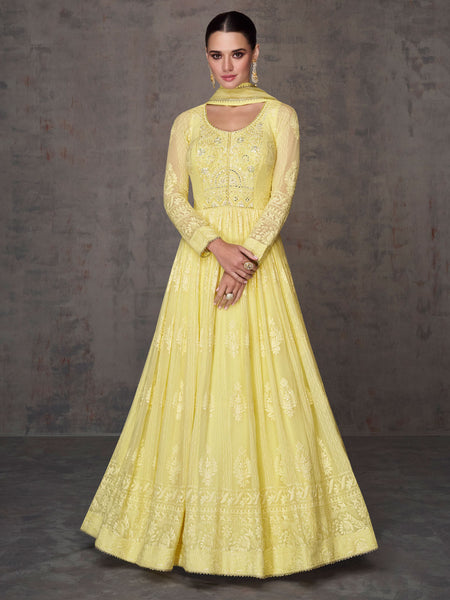 Yellow faux georgette abaya style anarkali suit 1320D | Anarkali dress,  Indian wedding dress designers, Party wear dresses