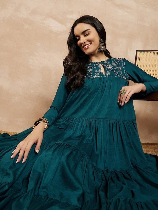 Teal-blue Keyhole Neck Long Sleeves Embroidered Tiered A-Line