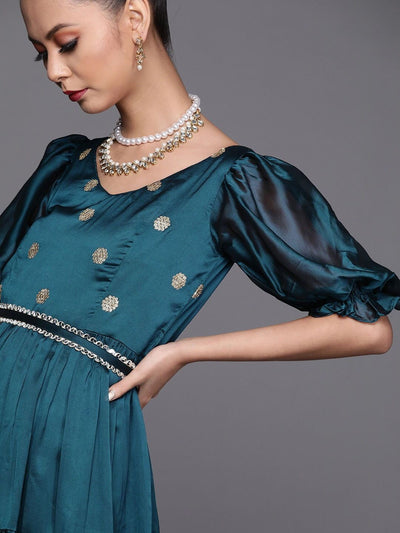 Teal Embroidered Teired Gown with Mirror Laced Belt - Inddus
