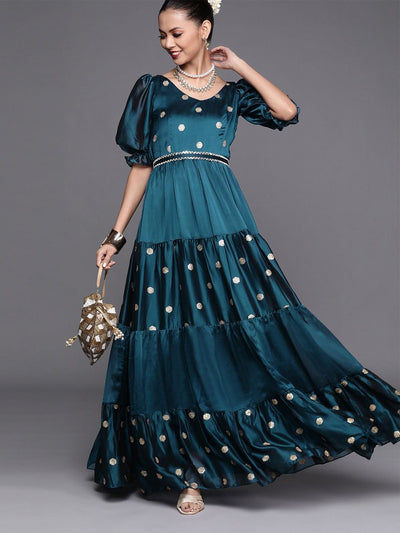 Teal Embroidered Teired Gown with Mirror Laced Belt - Inddus