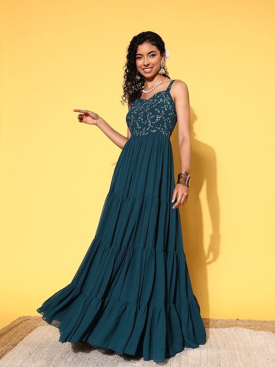 Teal Floral Embroidered Georgette Maxi Dress– - Main Image