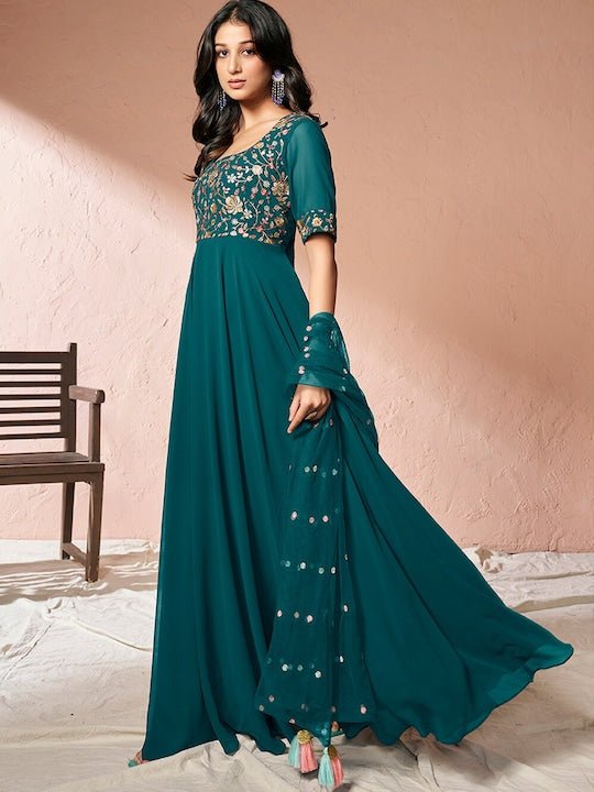 Teal Floral Embroidered Sequinned Fit and Flare Ethnic Dress With