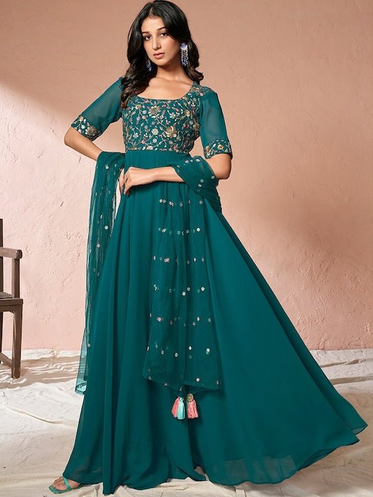 Teal Floral Embroidered Sequinned Fit and Flare Ethnic Dress With Dupa Inddus.in Teal Floral Embroidered Sequinned Fit and Flare Ethnic Dress With Dupa Inddus.in