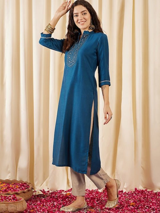 Teal Floral Yoke Design Mandarin Collar Thread Work Straight Kurta Inddus.in