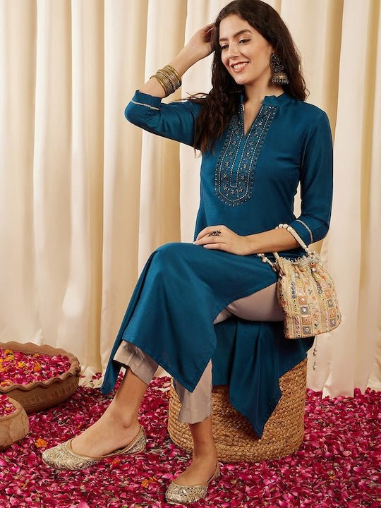 Teal Floral Yoke Design Mandarin Collar Thread Work Straight Kurta