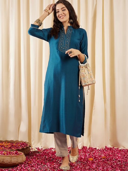 Teal Floral Yoke Design Mandarin Collar Thread Work Straight Kurta