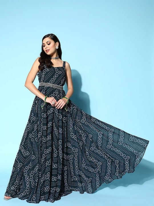 Teal Georgette Bandhani Printed Gown with Belt Inddus.in