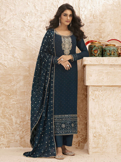 Teal Georgette Embroidered Straight Cut Suit - Inddus
