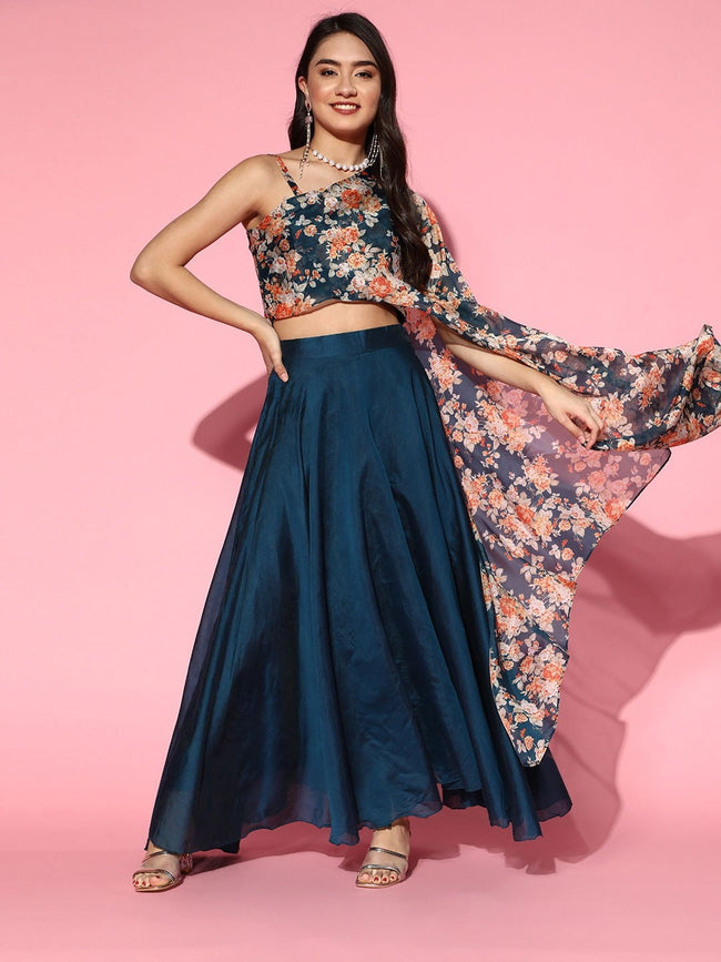 Buy Stunning Teal Organza Digital Print Crop Top with Solid Flared
