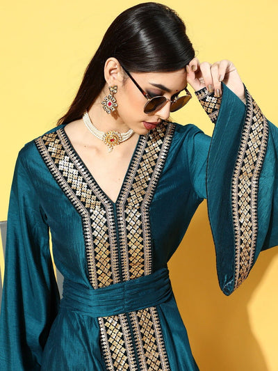 Teal Poly Silk Partywear Ethnic Motifs Dresses - Inddus.in