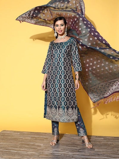 Teal Pure Cotton Unstitched Dress Material - Inddus.in