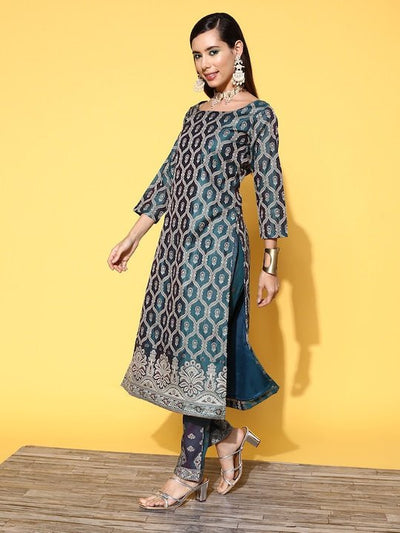 Teal Pure Cotton Unstitched Dress Material - Inddus.in