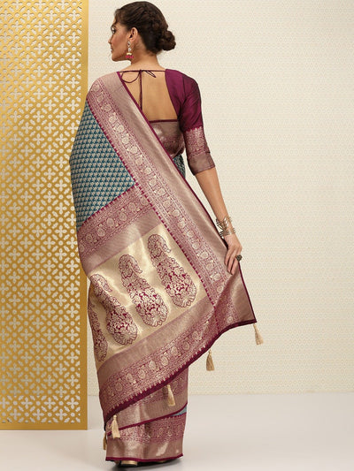 Teal & Purple Traditional Zari Woven Design Banarasi Saree with Blouse Piece - Inddus.in