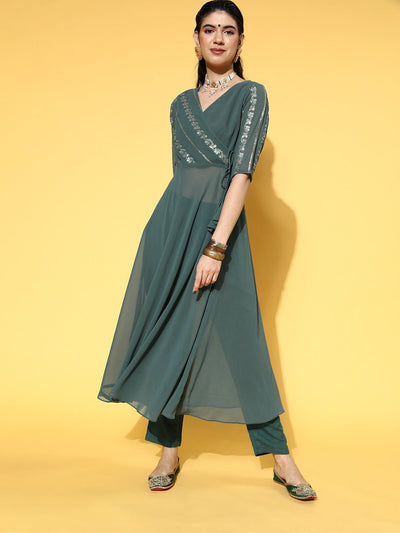 Turquoise Green Embroidered Angrakha Sequinned Kurta with Trouser - Inddus.in