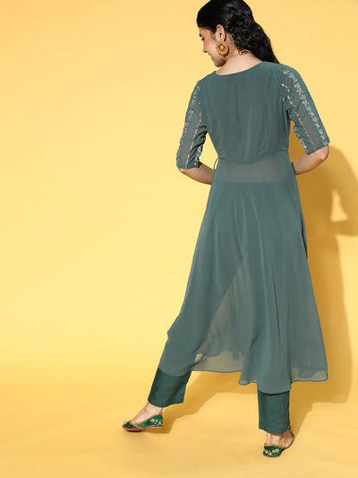 Turquoise Green Embroidered Angrakha Sequinned Kurta with Trouser - Inddus.in