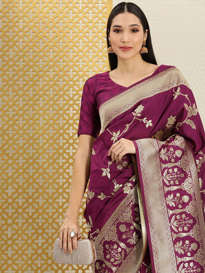 Wine and Gold Floral Zari Woven Traditional Banarasi Saree - Inddus.in