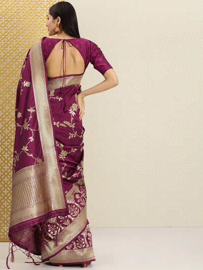 Wine and Gold Floral Zari Woven Traditional Banarasi Saree - Inddus.in