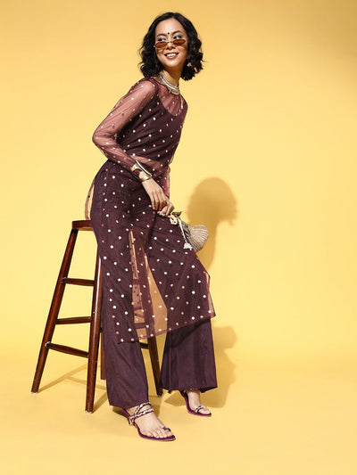 Wine Sequinned Summer Sheers Kurta with Trouser - Inddus.in