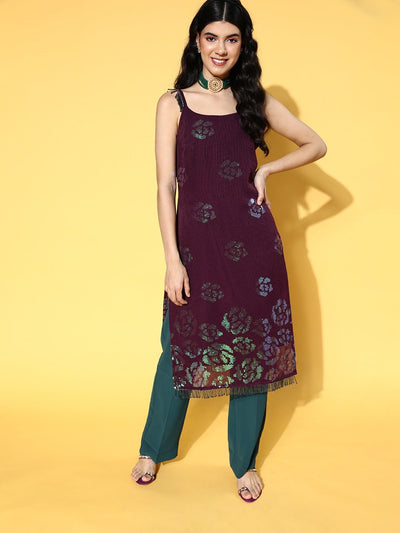 Wine Striped Georgette Sequinned Embroidered Kurta - Inddus.in