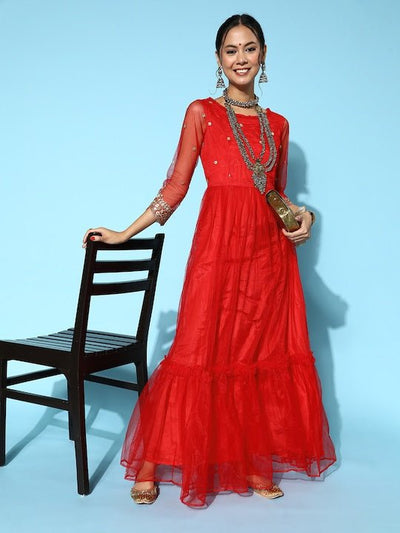 Women Attractive Red Embellished Ethereal Embroidery Dress - Inddus.in