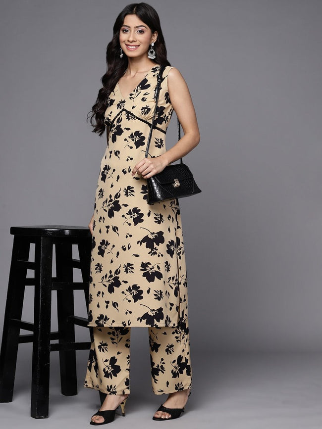 Women Beige Floral Printed Kurta with Palazzos Floral Printed Kurta Sets Inddus.in