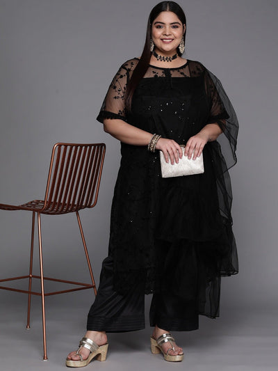 Women Black Embroidered Sequinned Net Kurta with Palazzos & Dupatta - Inddus.in